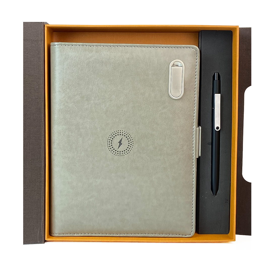 Next Gen - Smart Wireless Charging 8000 mAh Powerbank Notebook with 16 GB Pendrive - (Free Name Personalisation) - Grey