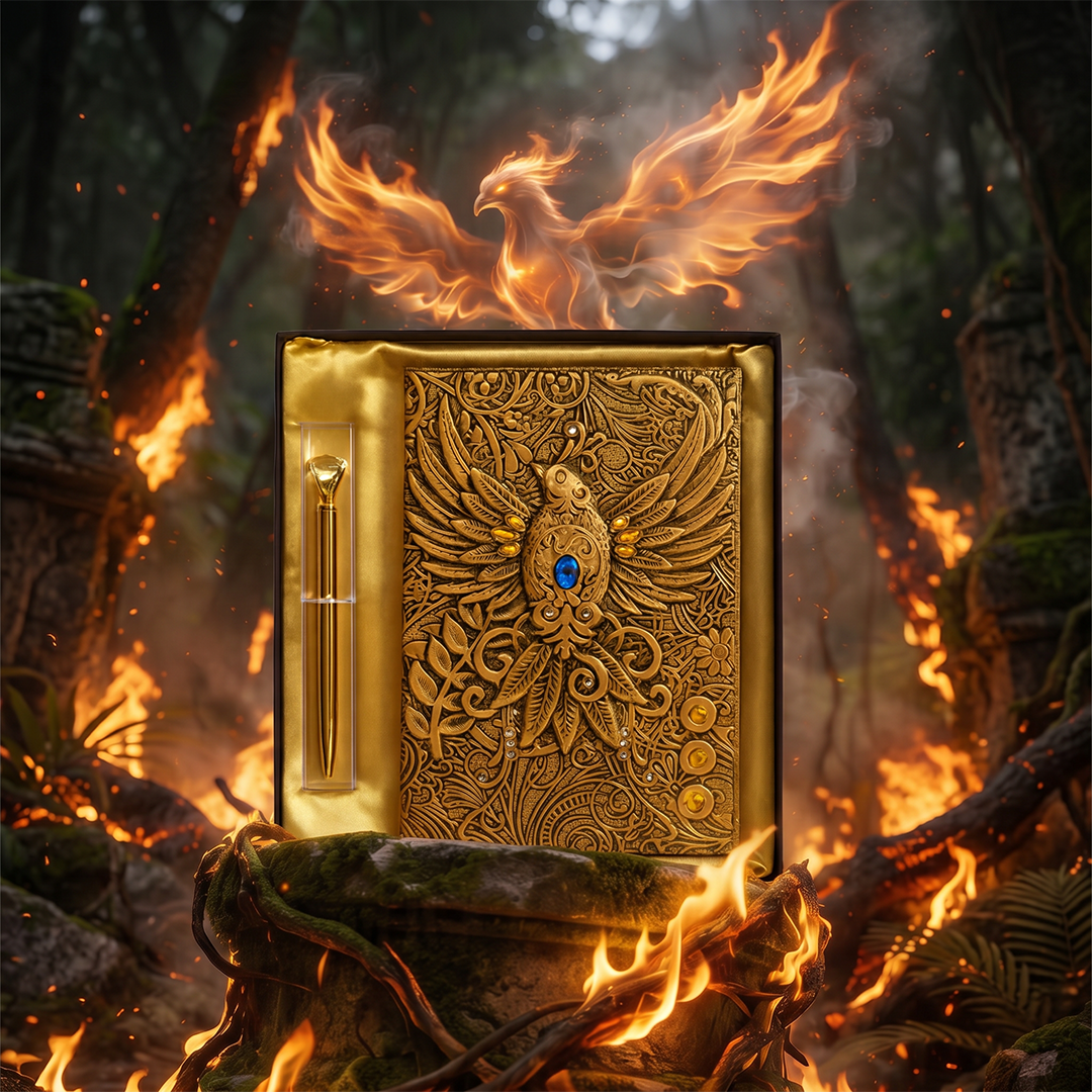 Eagle Bronze Celestial Phoenix 3D Embossed Vintage Leather Journal Notebook with Golden Diamond Ball Pen (Limited Edition)