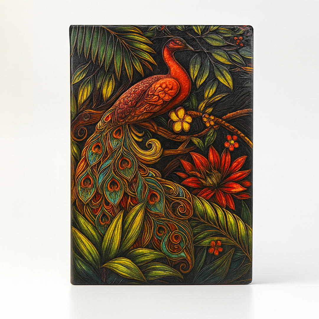 Majestic Plumage Colorful Peacock 3D Embossed Vintage Leather Journal Notebook with Rose Gold Diamond Ball Pen (Limited Edition)