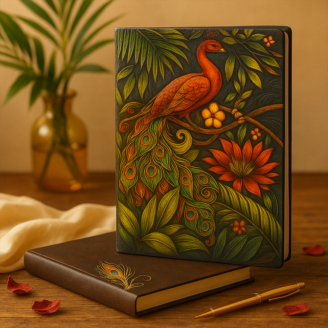 Majestic Plumage Colorful Peacock 3D Embossed Vintage Leather Journal Notebook with Rose Gold Diamond Ball Pen (Limited Edition)