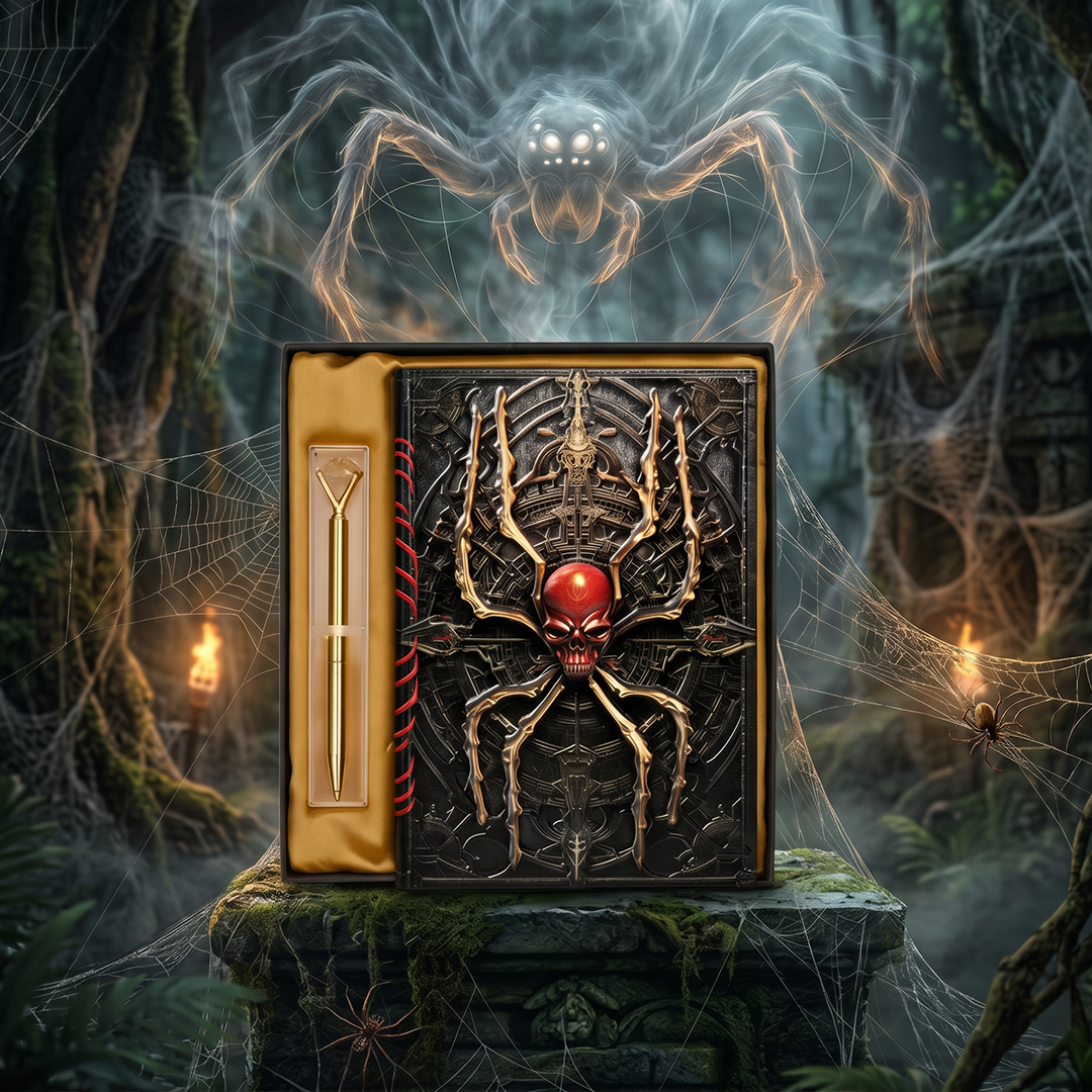 Crimson Arachnis – Web Spider 3D Embossed Vintage Leather Journal Notebook with Golden Diamond Ball Pen (Limited Edition)