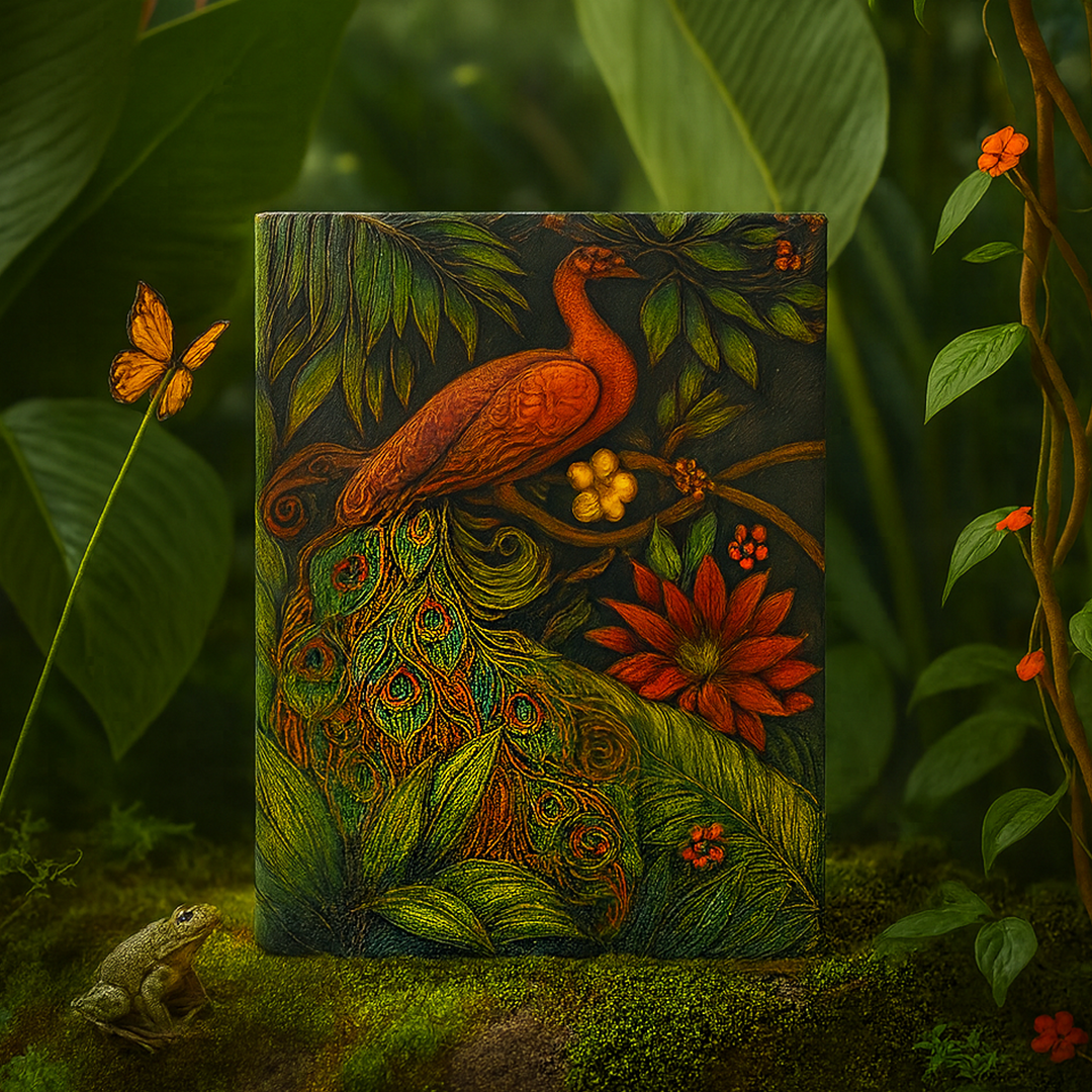 Majestic Plumage Colorful Peacock 3D Embossed Vintage Leather Journal Notebook with Rose Gold Diamond Ball Pen (Limited Edition)