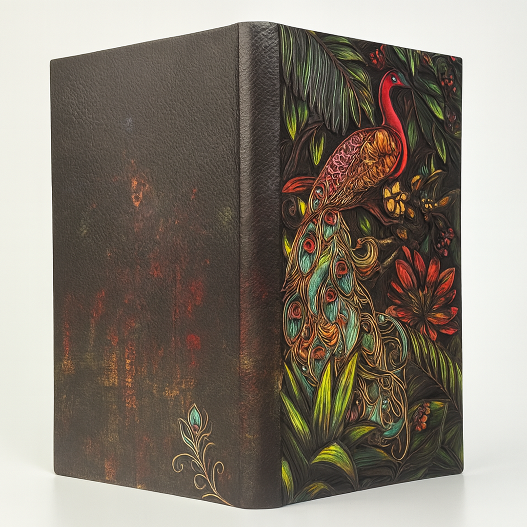 Majestic Plumage Colorful Peacock 3D Embossed Vintage Leather Journal Notebook with Rose Gold Diamond Ball Pen (Limited Edition)