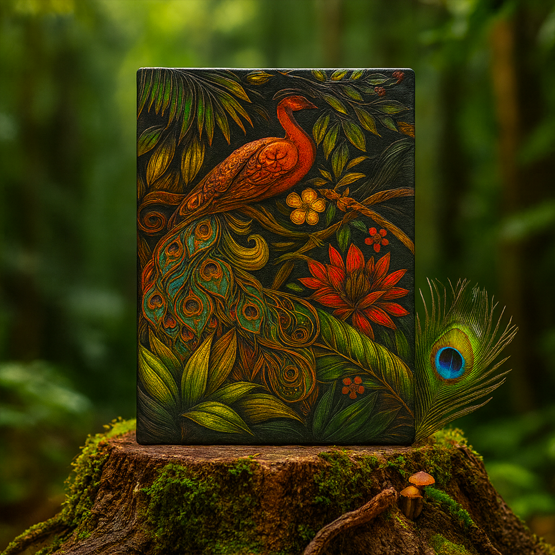 Majestic Plumage Colorful Peacock 3D Embossed Vintage Leather Journal Notebook with Rose Gold Diamond Ball Pen (Limited Edition)
