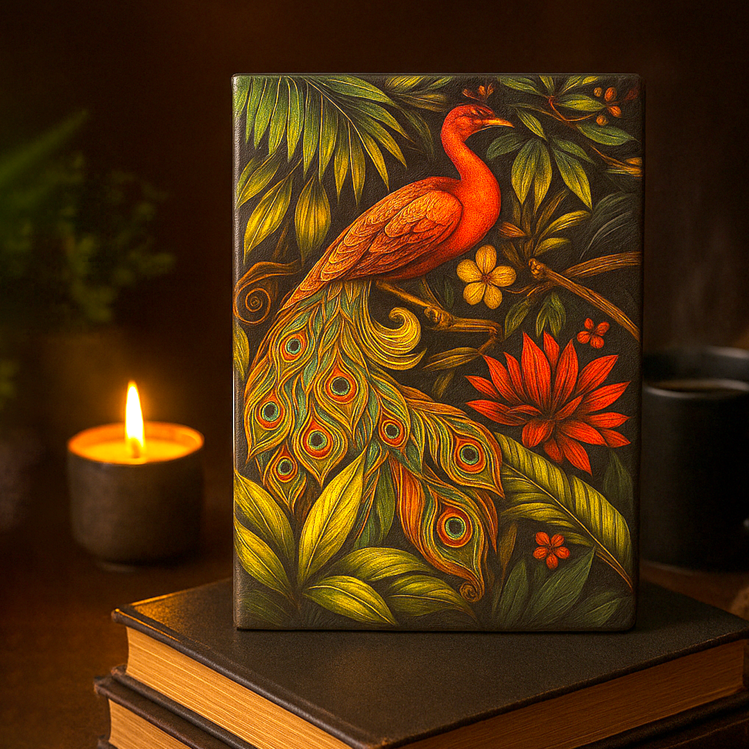 Majestic Plumage Colorful Peacock 3D Embossed Vintage Leather Journal Notebook with Rose Gold Diamond Ball Pen (Limited Edition)