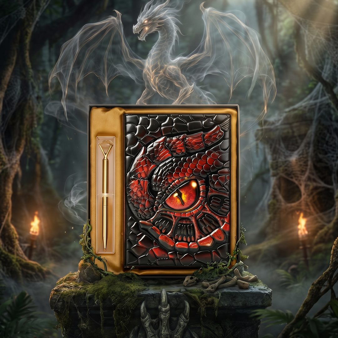 Abyssal Gaze – Fiery Turtle Eye Red 3D Embossed Vintage Leather Journal Notebook with Golden Diamond Ball Pen (Limited Edition)