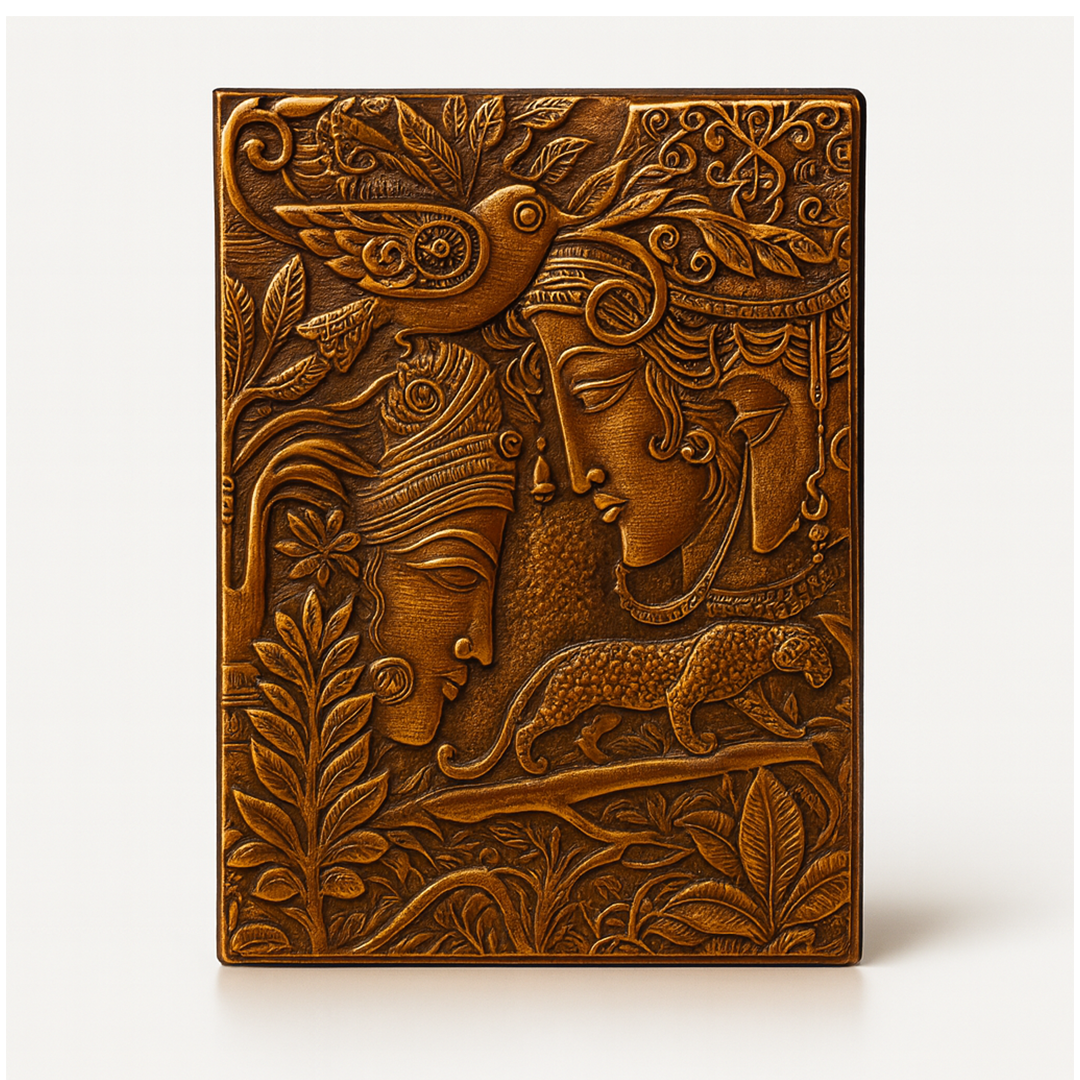 Radha Krishna Bronze 3D Embossed Vintage Leather Journal Notebook with with Golden Diamond Ball Pen (Limited Edition)