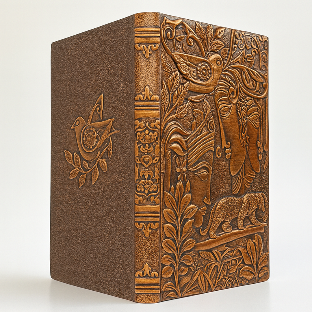 Radha Krishna Bronze 3D Embossed Vintage Leather Journal Notebook with with Golden Diamond Ball Pen (Limited Edition)