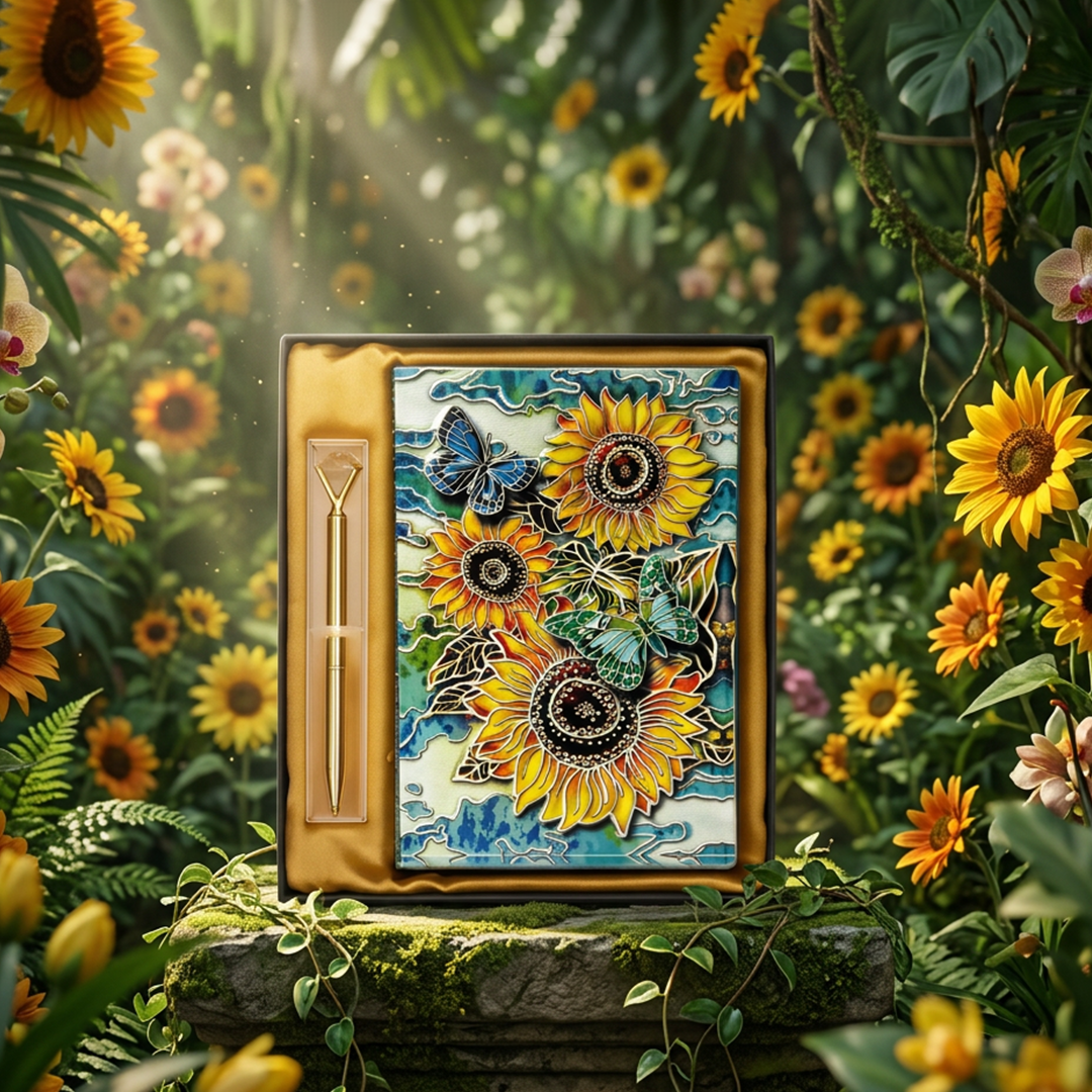 Radiant Bloom – Colorful Sunflower & Butterfly 3D Embossed Vintage Leather Journal Notebook with Golden Diamond Ball Pen (Limited Edition)
