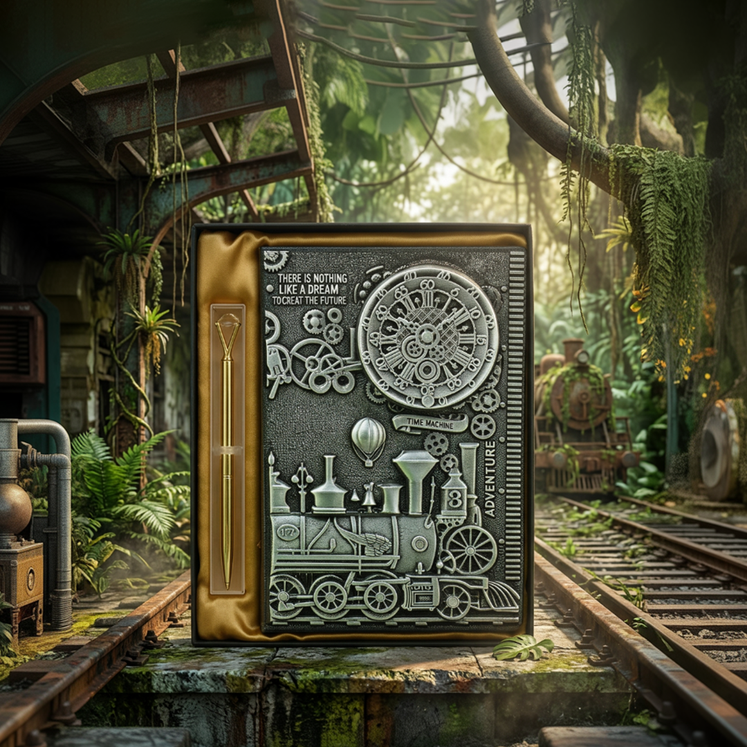 ChronoSoul – Time Machine Silver 3D Embossed Vintage Leather Journal Notebook with Golden Diamond Ball Pen (Limited Edition)