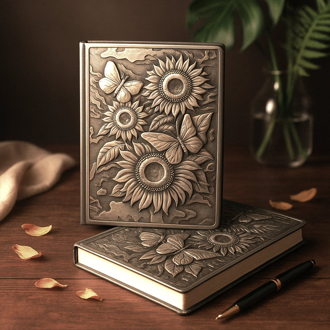 Bloom Eternal – Sunflower Silver & Butterfly 3D Embossed Vintage Leather Journal Notebook with Golden Diamond Ball Pen (Limited Edition)
