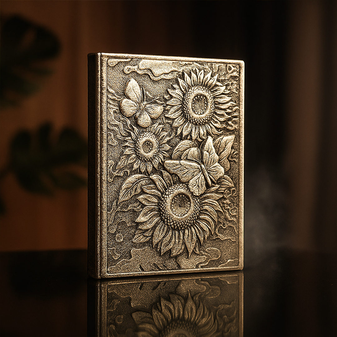 Bloom Eternal – Sunflower Silver & Butterfly 3D Embossed Vintage Leather Journal Notebook with Golden Diamond Ball Pen (Limited Edition)