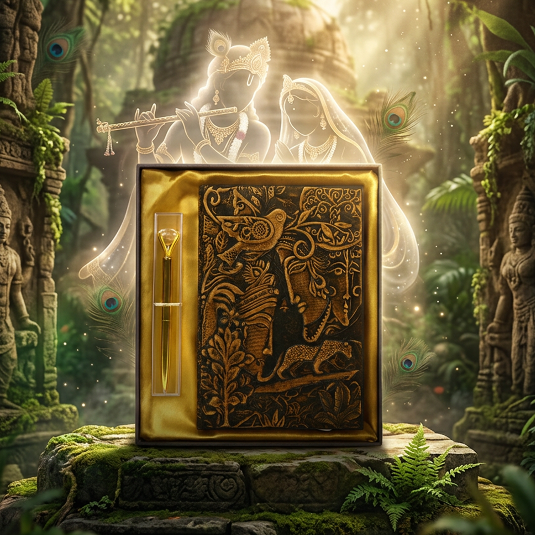 Radha Krishna Bronze 3D Embossed Vintage Leather Journal Notebook with with Golden Diamond Ball Pen (Limited Edition)