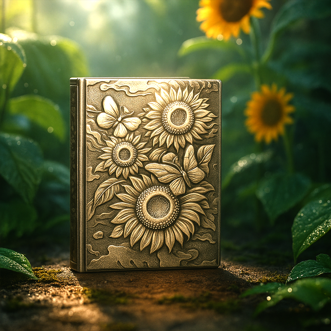Bloom Eternal – Sunflower Silver & Butterfly 3D Embossed Vintage Leather Journal Notebook with Golden Diamond Ball Pen (Limited Edition)