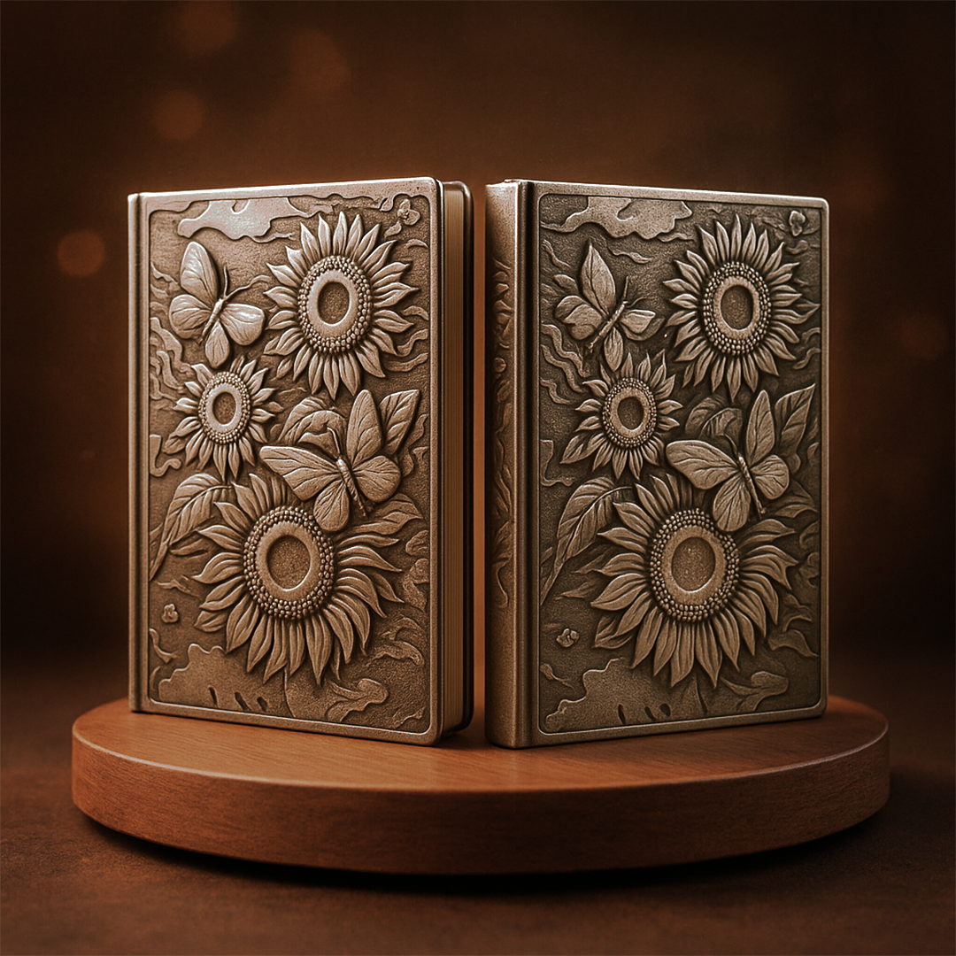Bloom Eternal – Sunflower Silver & Butterfly 3D Embossed Vintage Leather Journal Notebook with Golden Diamond Ball Pen (Limited Edition)