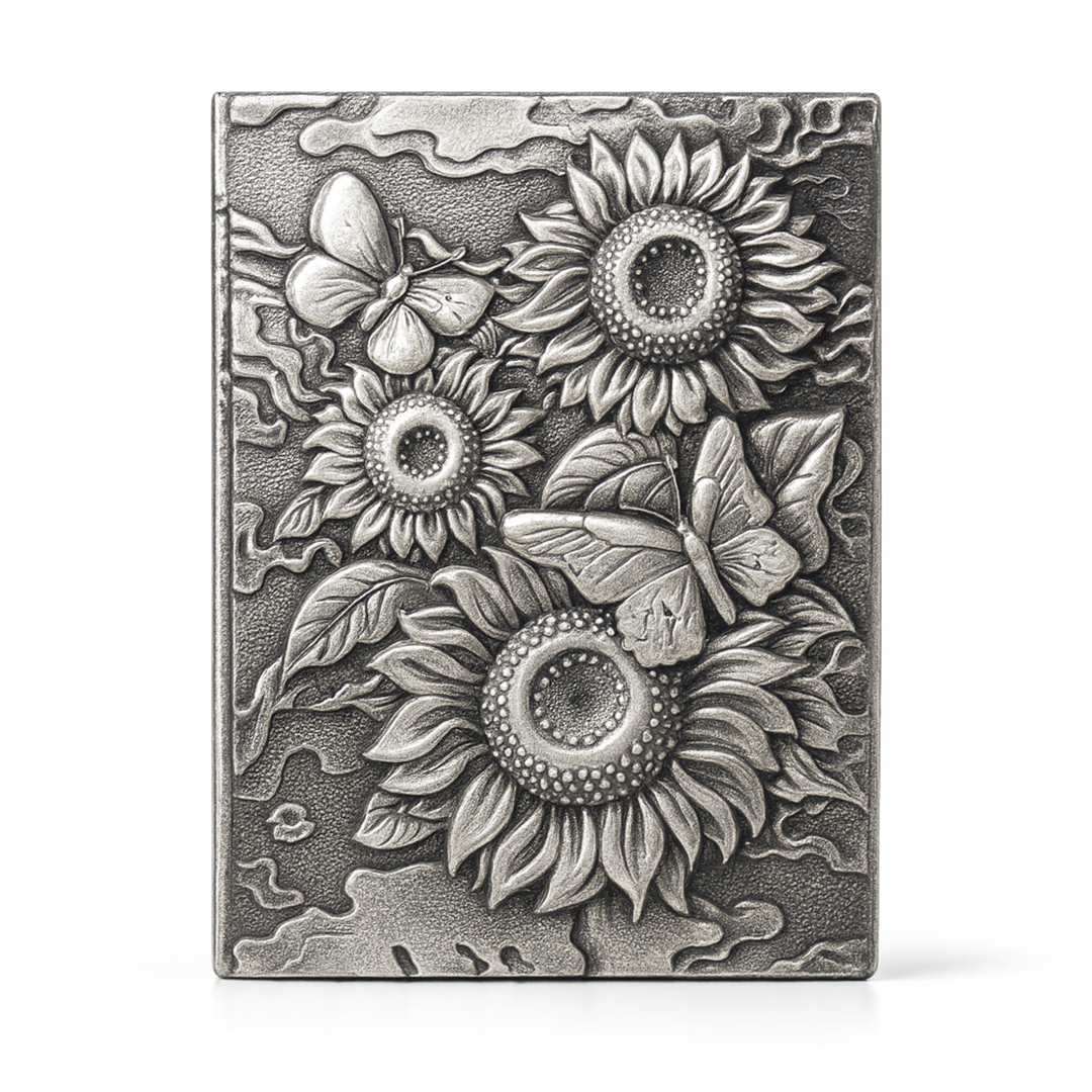 Bloom Eternal – Sunflower Silver & Butterfly 3D Embossed Vintage Leather Journal Notebook with Golden Diamond Ball Pen (Limited Edition)