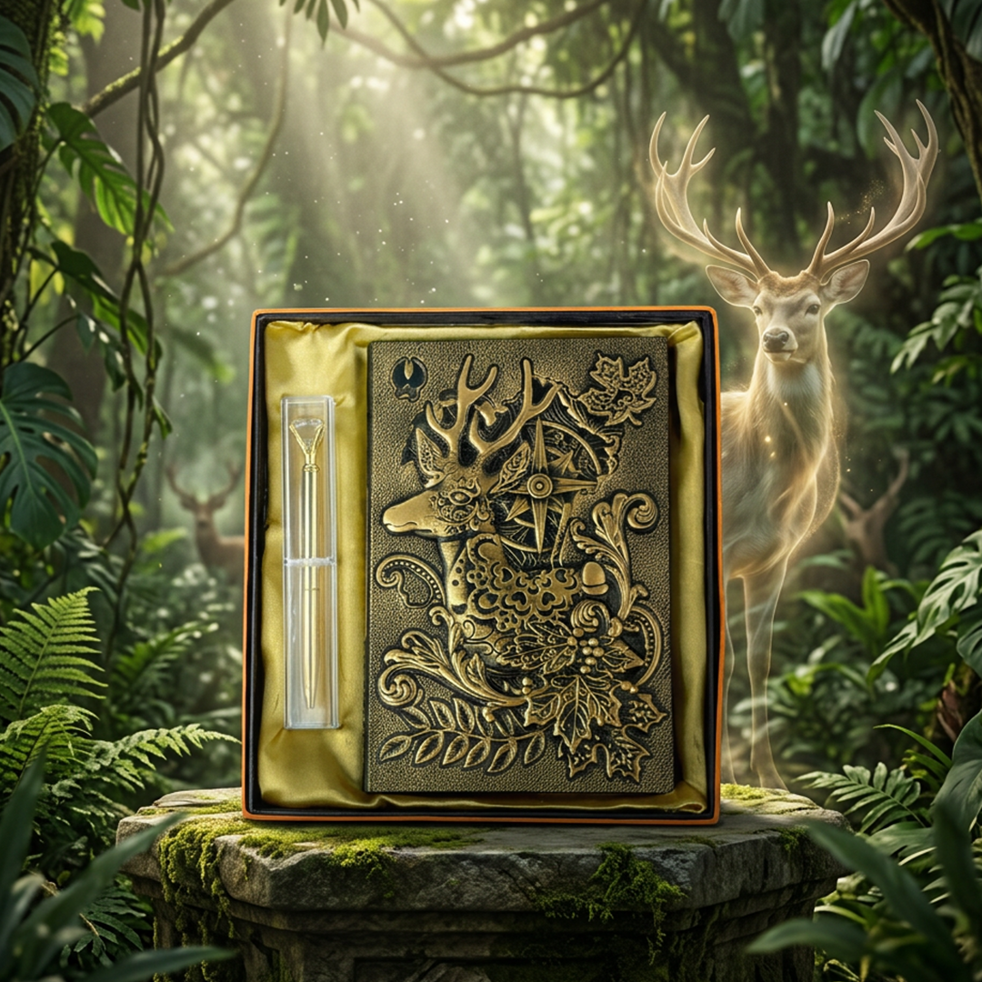 Elderhorn Spirit Reindeer 3D Embossed Vintage Leather Journal Notebook with Golden Diamond Ball Pen – Christmas Edition (Limited Edition)