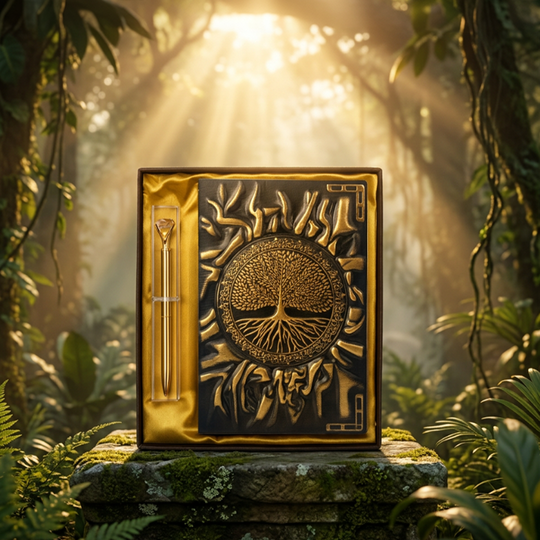 Eternal Radiance – Sun Tree 3D Embossed Vintage Leather Journal Notebook with Golden Diamond Ball Pen (Limited Edition)