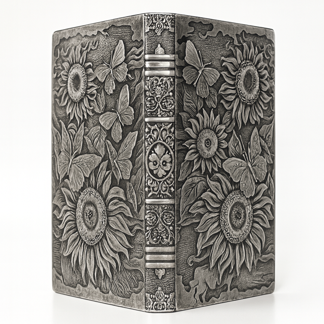 Bloom Eternal – Sunflower Silver & Butterfly 3D Embossed Vintage Leather Journal Notebook with Golden Diamond Ball Pen (Limited Edition)