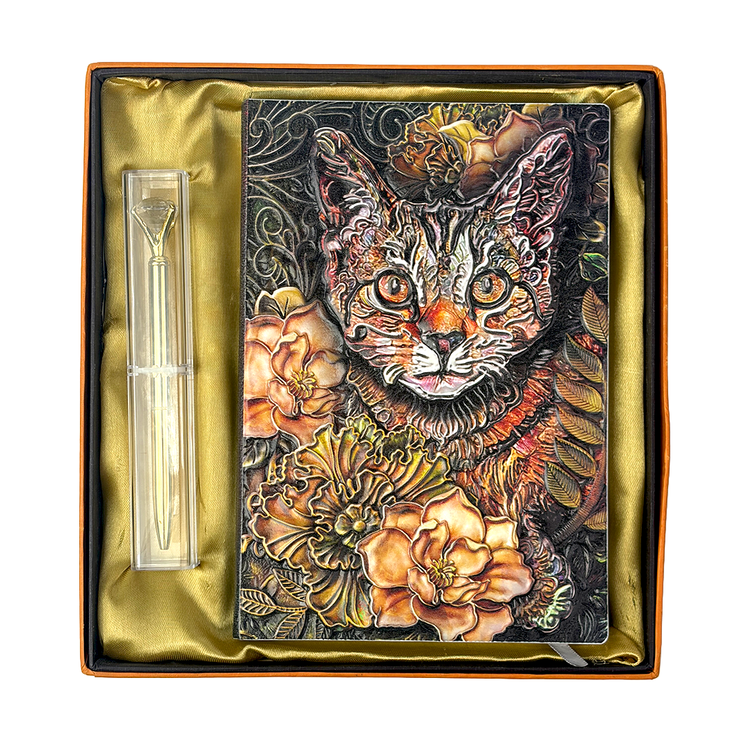 Whiskered Reverie Cat 3D Embossed Vintage Leather Journal Notebook with Golden Diamond Ball Pen (Limited Edition)