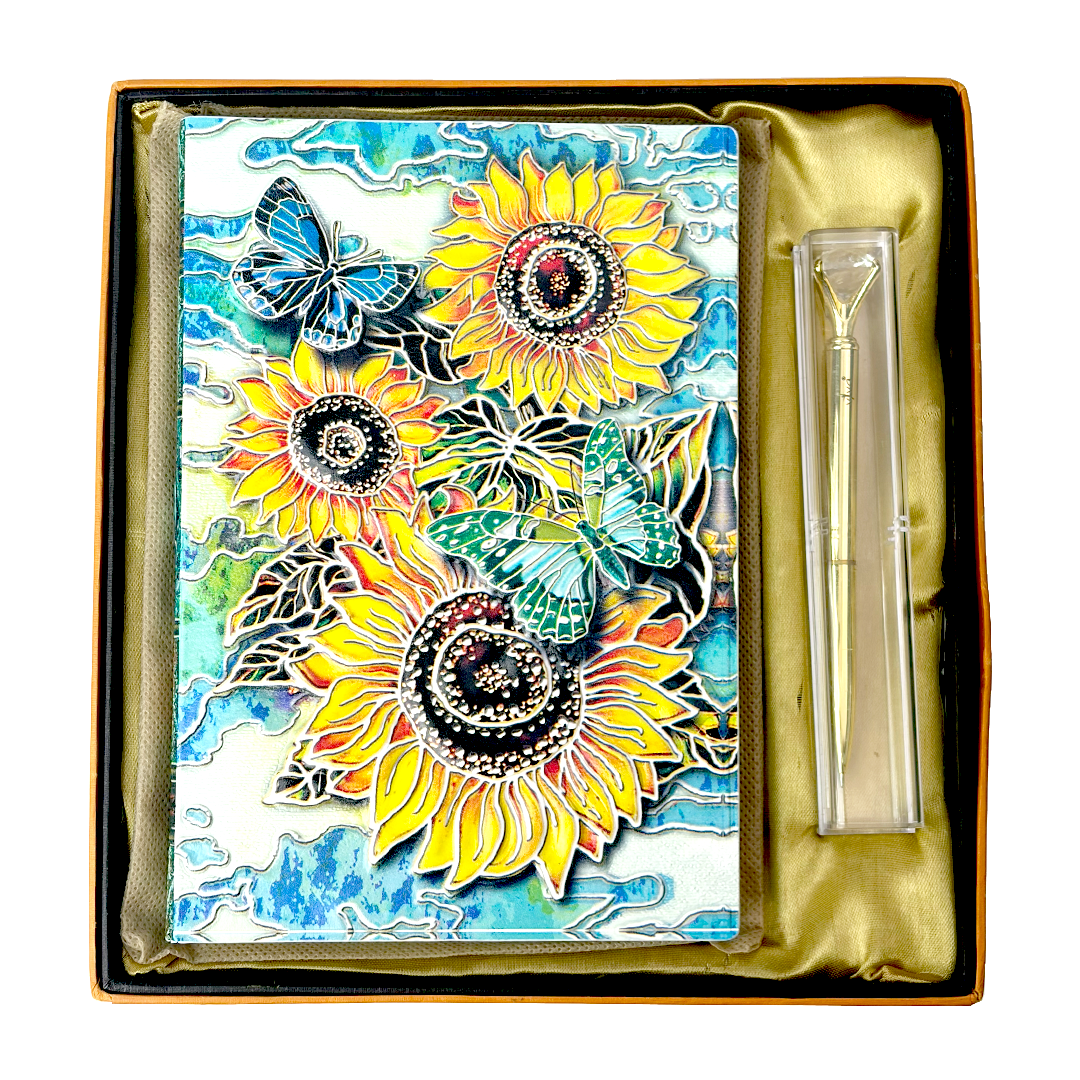 Radiant Bloom – Colorful Sunflower & Butterfly 3D Embossed Vintage Leather Journal Notebook with Golden Diamond Ball Pen (Limited Edition)