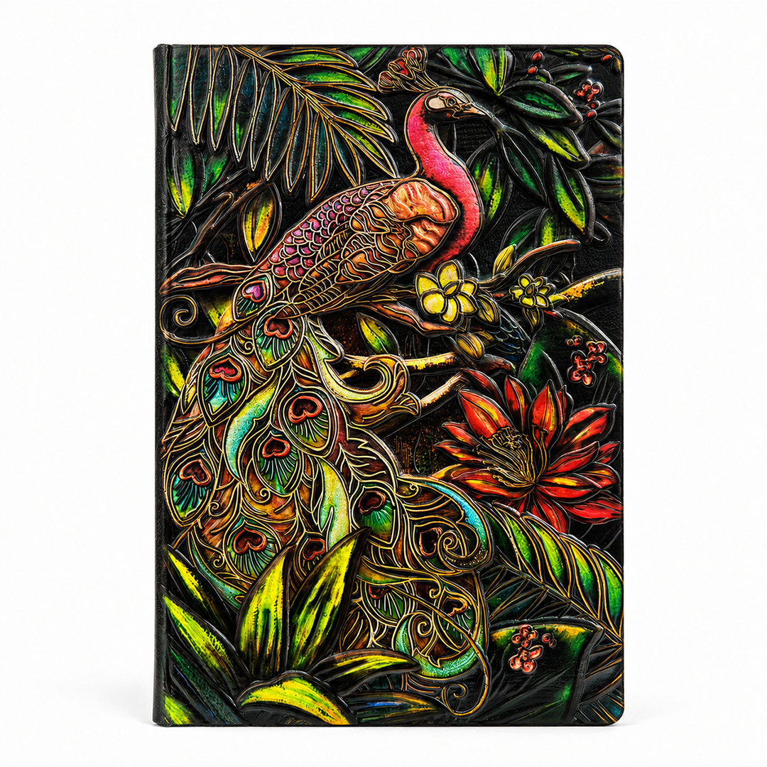Majestic Plumage Colorful Peacock 3D Embossed Vintage Leather Journal Notebook (Limited Edition)