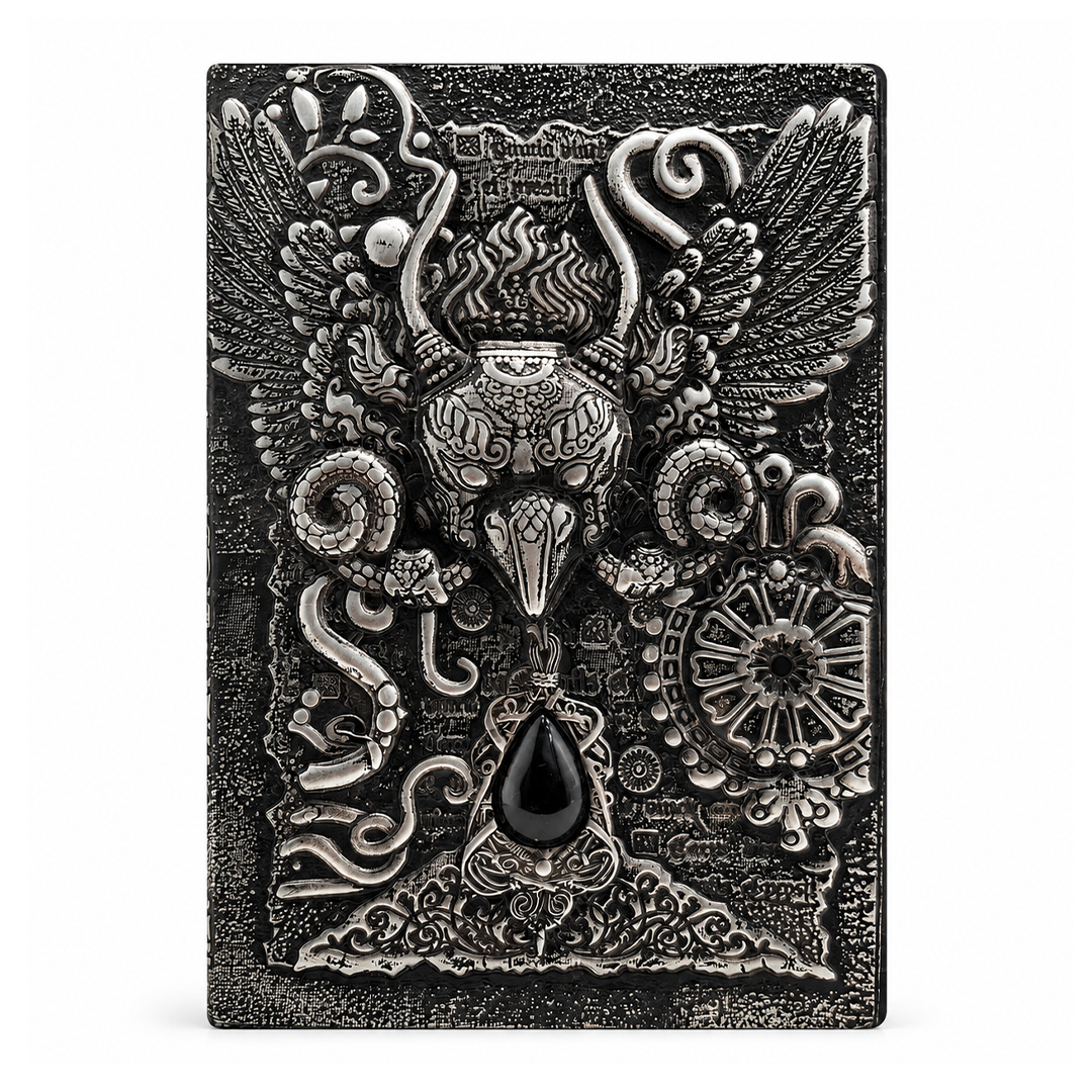 The Owl Head Silver with Blue Gem 3D Embossed Vintage Leather Journal Notebook (Limited Edition)