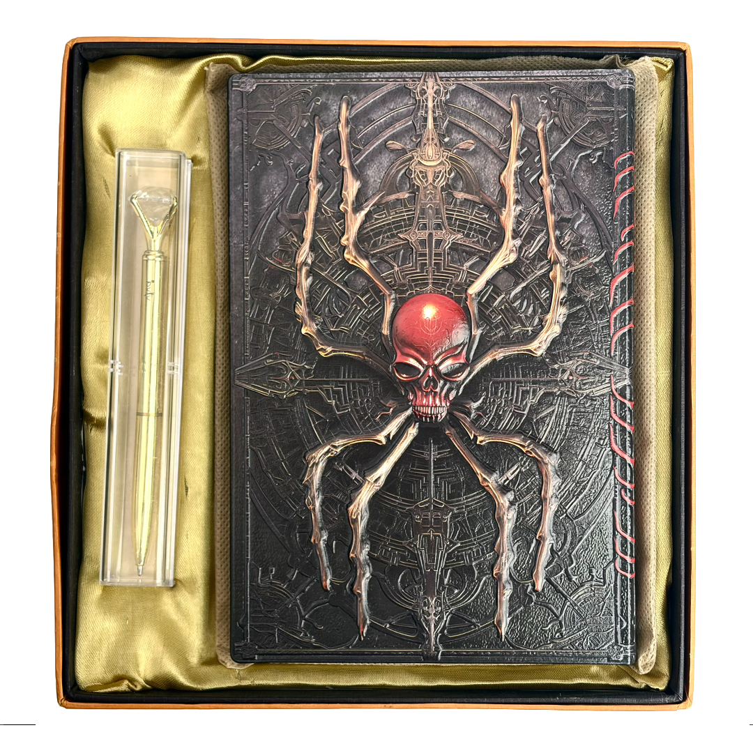 Crimson Arachnis – Web Spider 3D Embossed Vintage Leather Journal Notebook with Golden Diamond Ball Pen (Limited Edition)