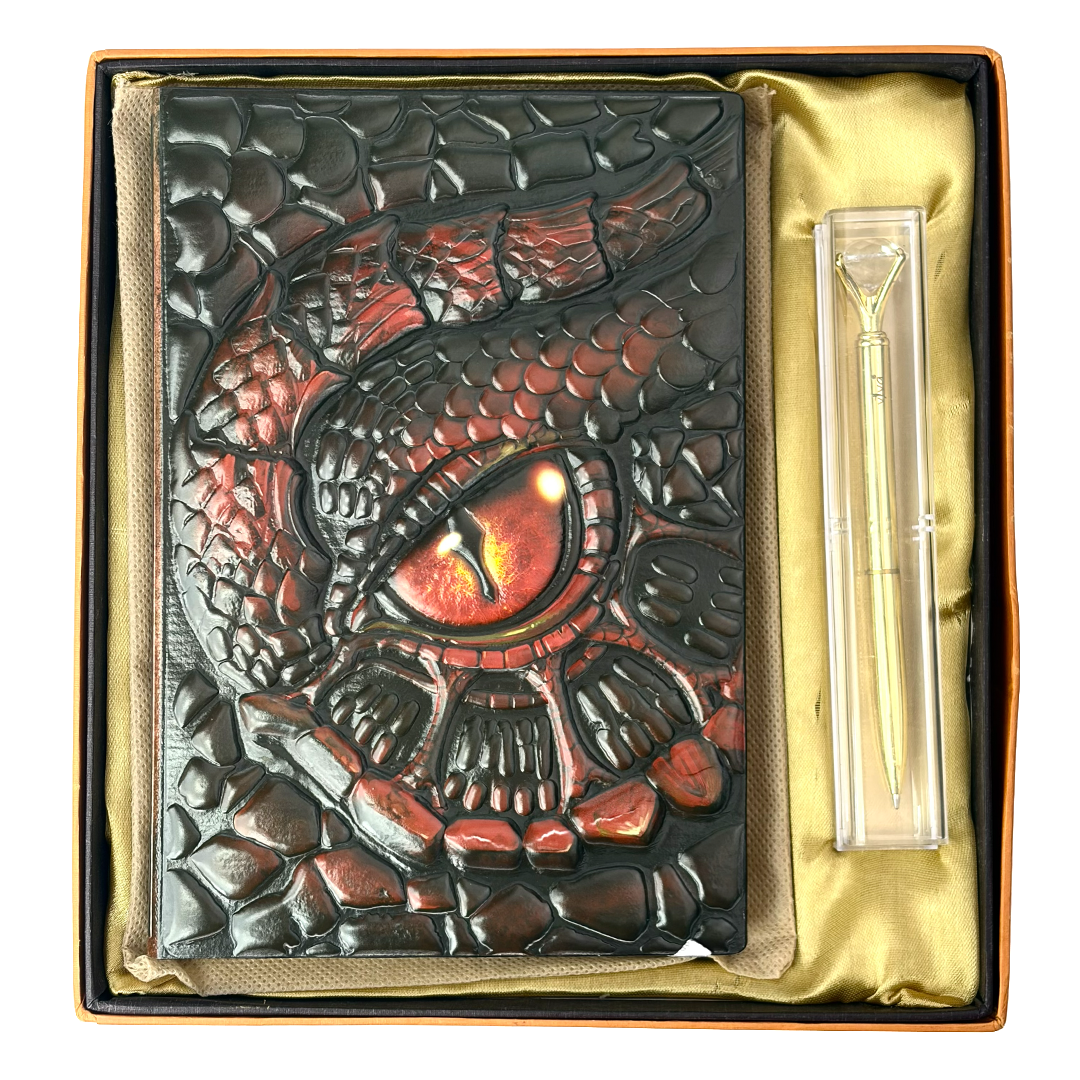 Abyssal Gaze – Fiery Turtle Eye Red 3D Embossed Vintage Leather Journal Notebook with Golden Diamond Ball Pen (Limited Edition)