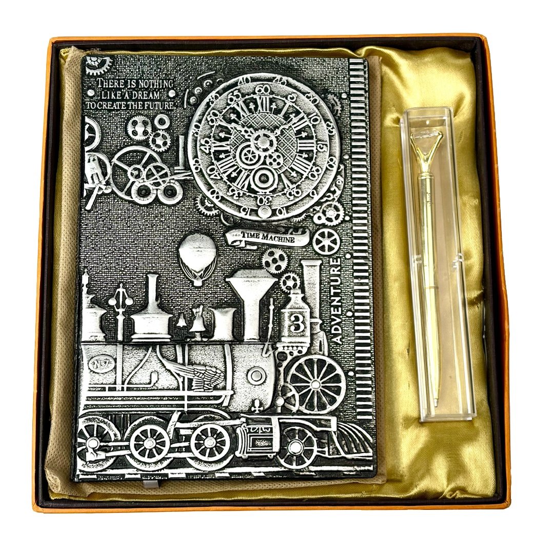 ChronoSoul – Time Machine Silver 3D Embossed Vintage Leather Journal Notebook with Golden Diamond Ball Pen (Limited Edition)