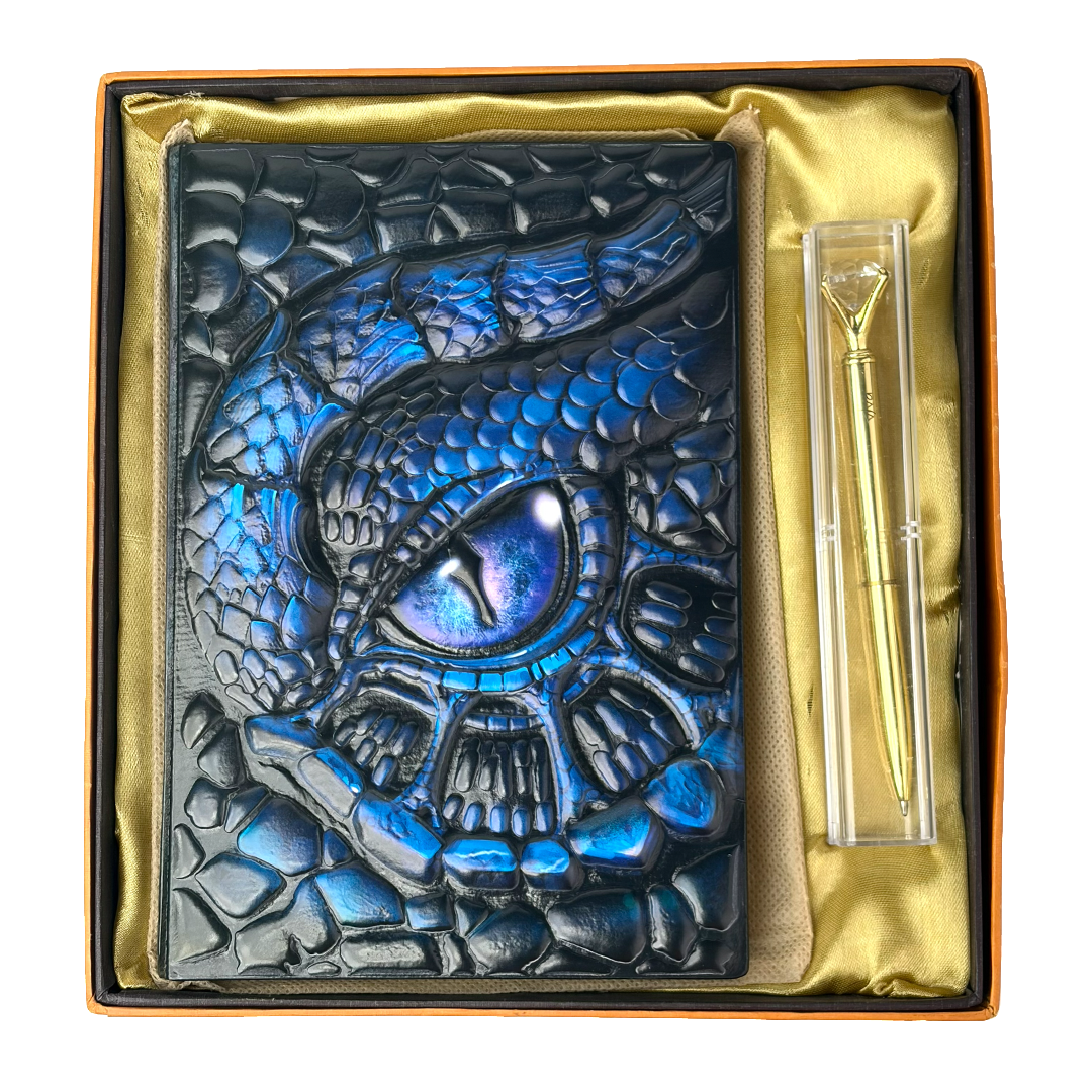 Abyssal Gaze – Icy Turtle Eye Blue 3D Embossed Vintage Leather Journal Notebook with Golden Diamond Ball Pen (Limited Edition)