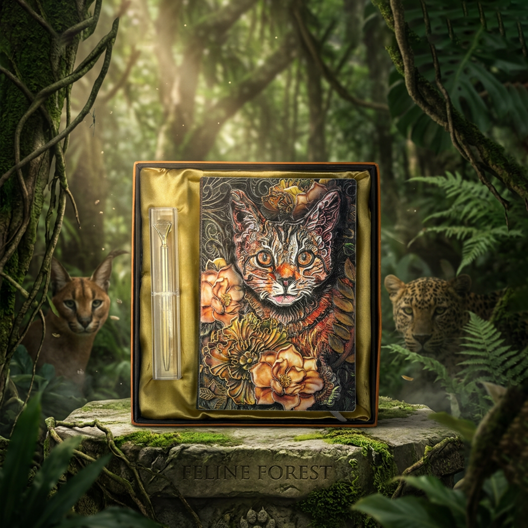 Whiskered Reverie Cat 3D Embossed Vintage Leather Journal Notebook with Golden Diamond Ball Pen (Limited Edition)