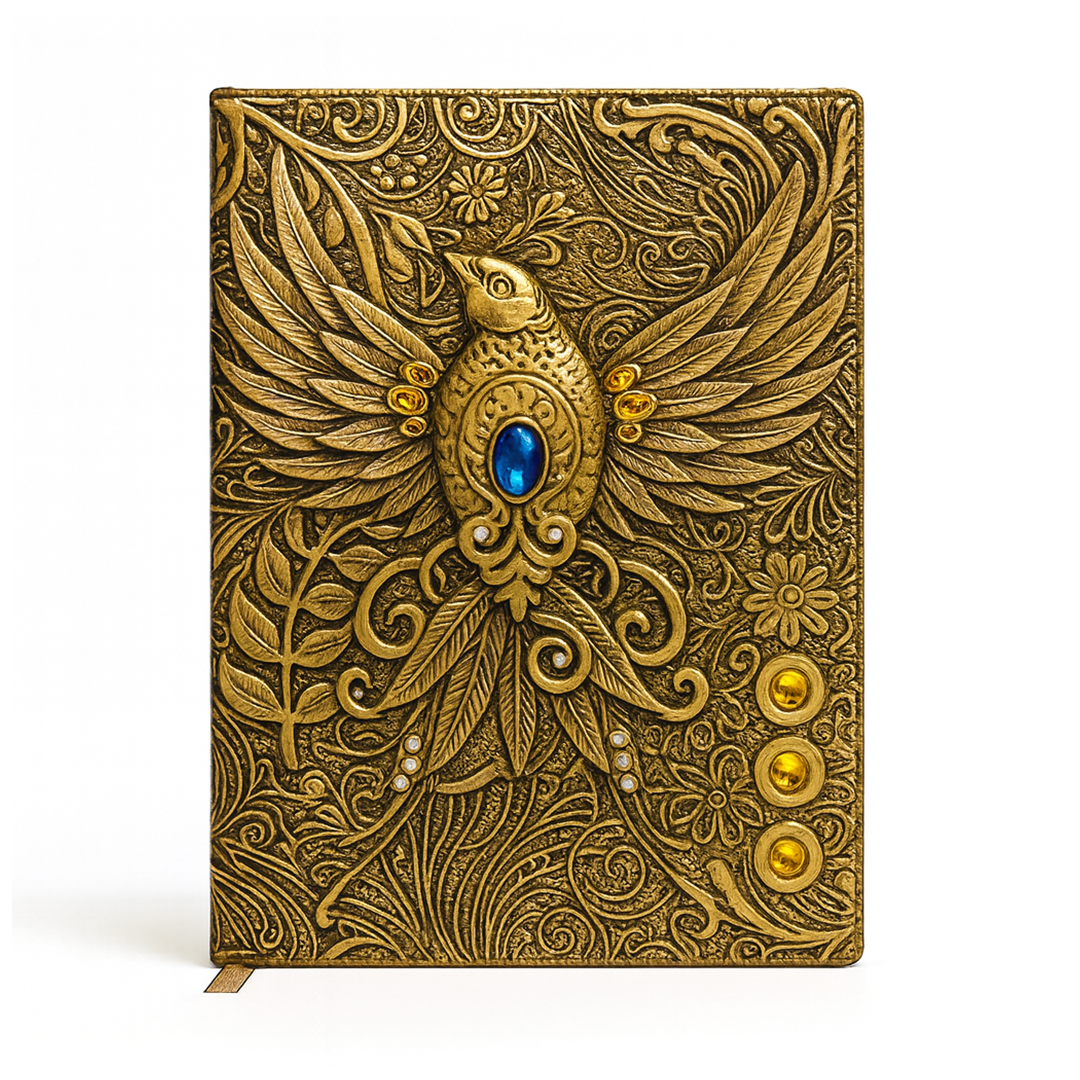 Eagle Bronze Celestial Phoenix 3D Embossed Vintage Leather Journal Notebook with Golden Diamond Ball Pen (Limited Edition)