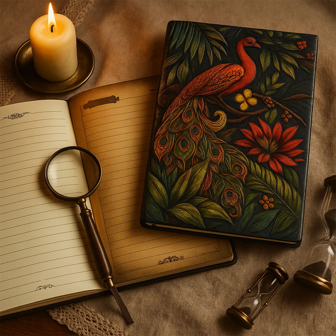 Majestic Plumage Colorful Peacock 3D Embossed Vintage Leather Journal Notebook with Rose Gold Diamond Ball Pen (Limited Edition)