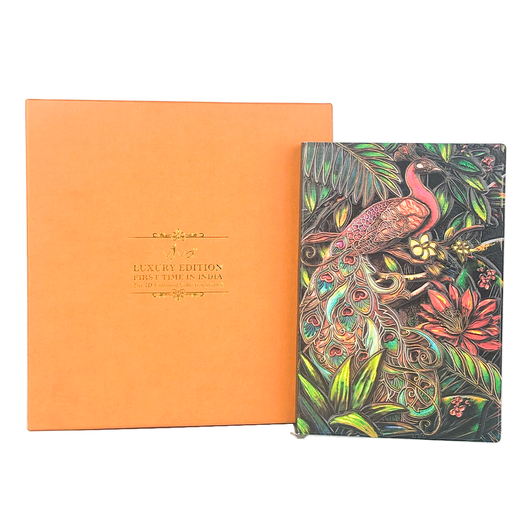 Majestic Plumage Colorful Peacock 3D Embossed Vintage Leather Journal Notebook with Rose Gold Diamond Ball Pen (Limited Edition)
