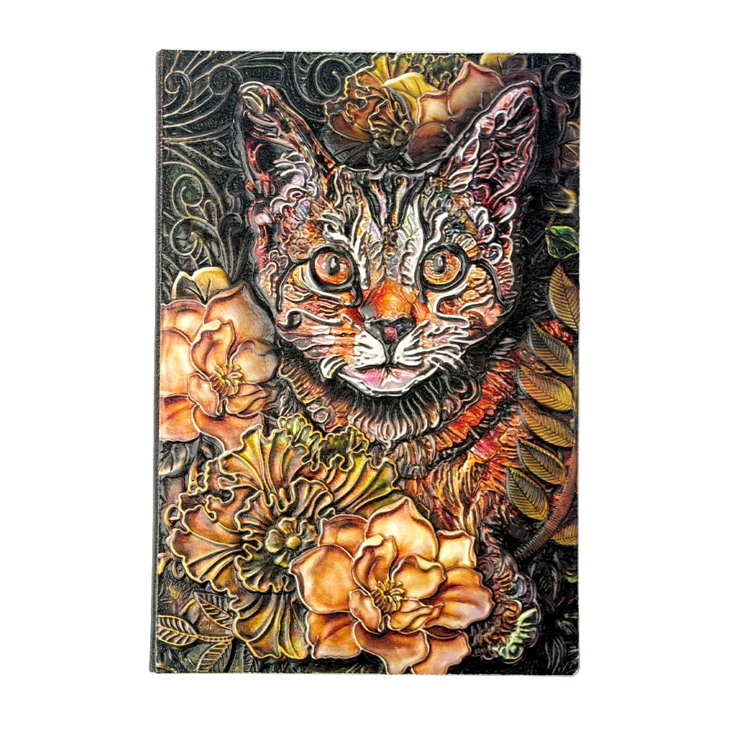 Whiskered Reverie Cat 3D Embossed Vintage Leather Journal Notebook with Golden Diamond Ball Pen (Limited Edition)