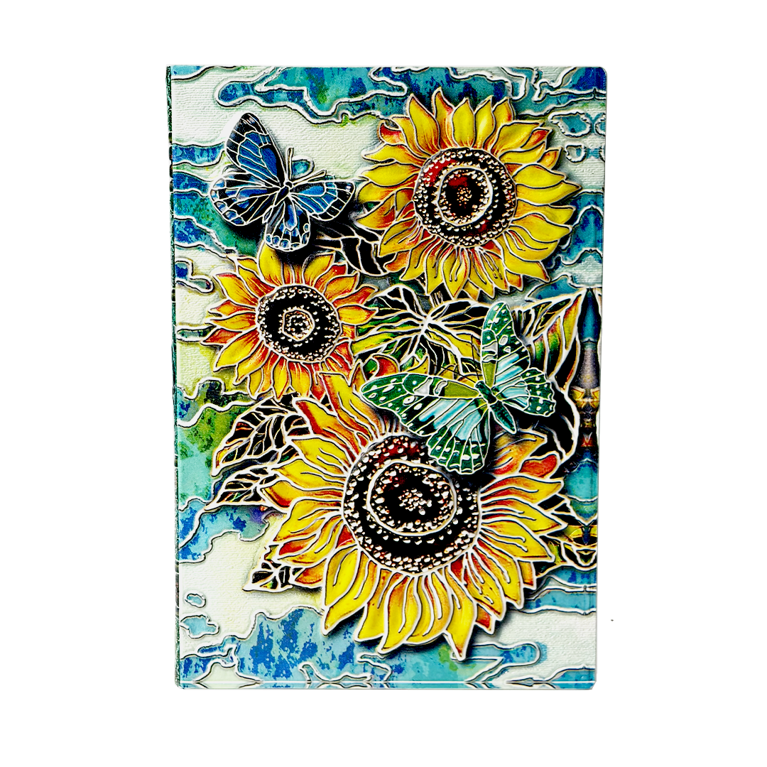 Radiant Bloom – Colorful Sunflower & Butterfly 3D Embossed Vintage Leather Journal Notebook with Golden Diamond Ball Pen (Limited Edition)