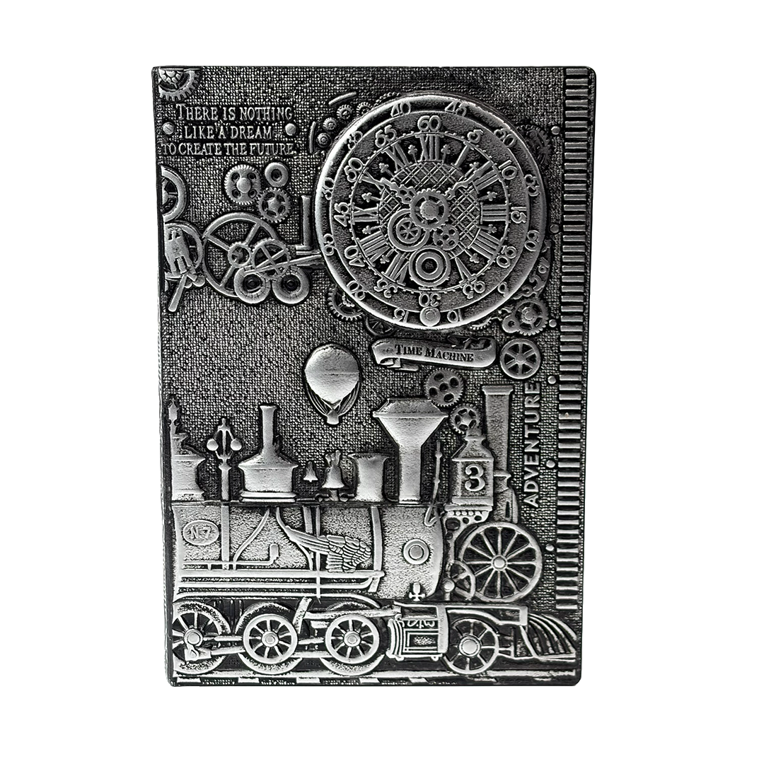 ChronoSoul – Time Machine Silver 3D Embossed Vintage Leather Journal Notebook with Golden Diamond Ball Pen (Limited Edition)