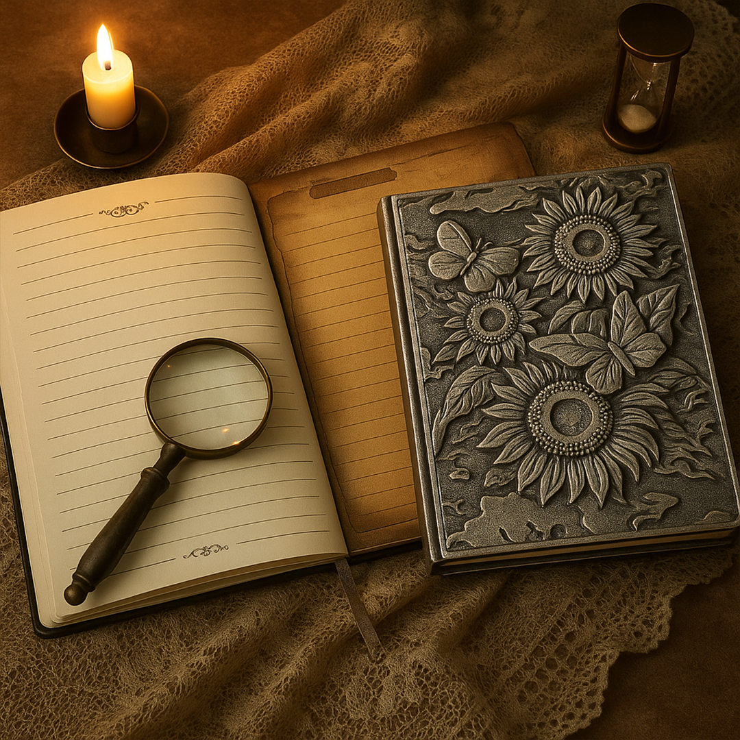 Bloom Eternal – Sunflower Silver & Butterfly 3D Embossed Vintage Leather Journal Notebook with Golden Diamond Ball Pen (Limited Edition)