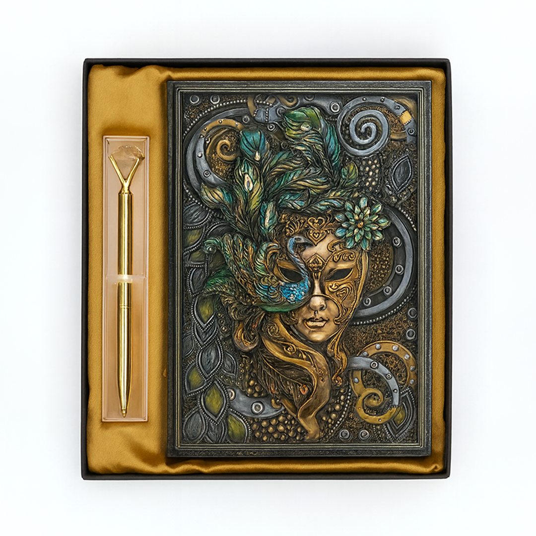 Colorful Queen Enchanted Masquerade 3D Embossed Vintage Leather Journal Notebook with Golden Diamond Ball Pen (Limited Edition)