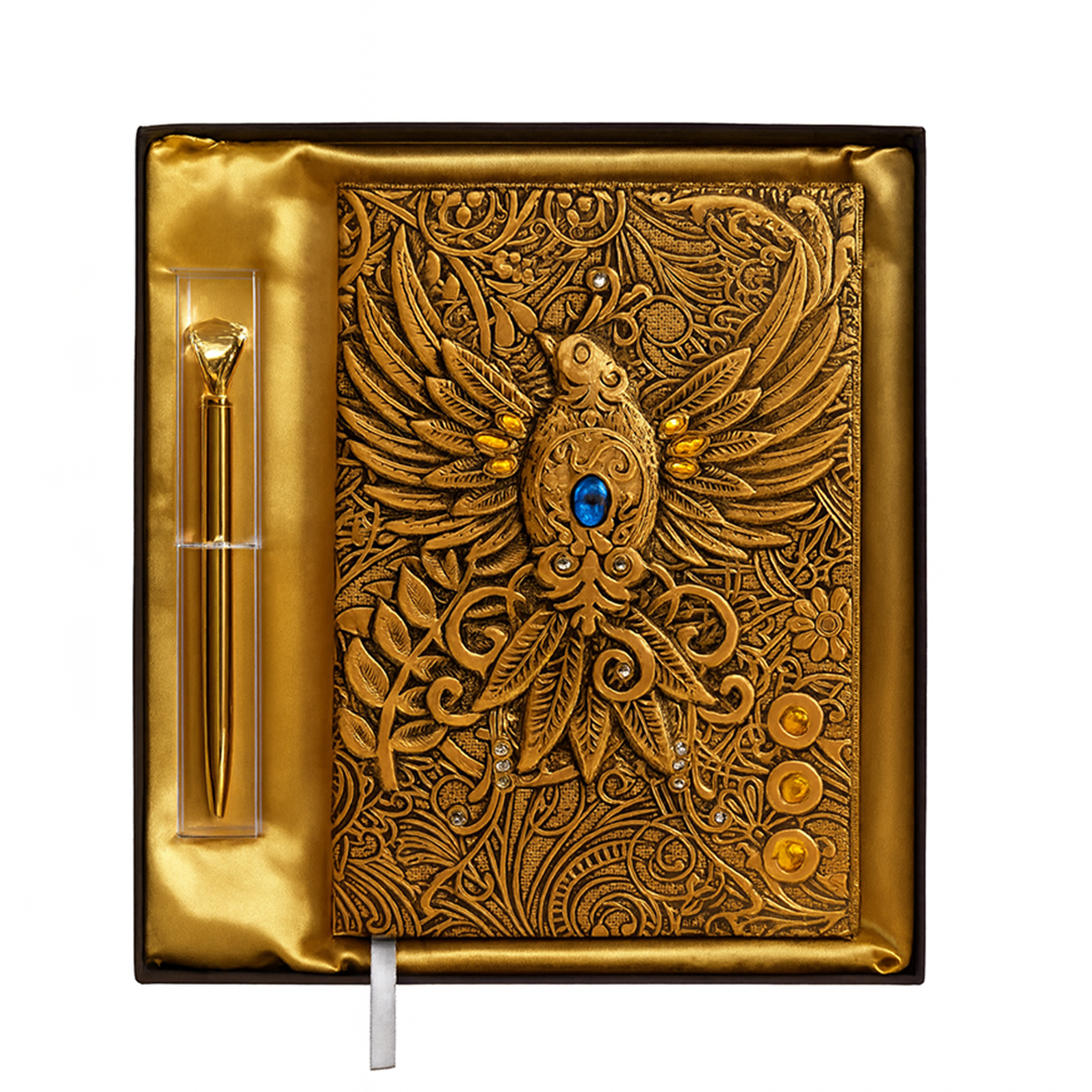 Eagle Bronze Celestial Phoenix 3D Embossed Vintage Leather Journal Notebook with Golden Diamond Ball Pen (Limited Edition)