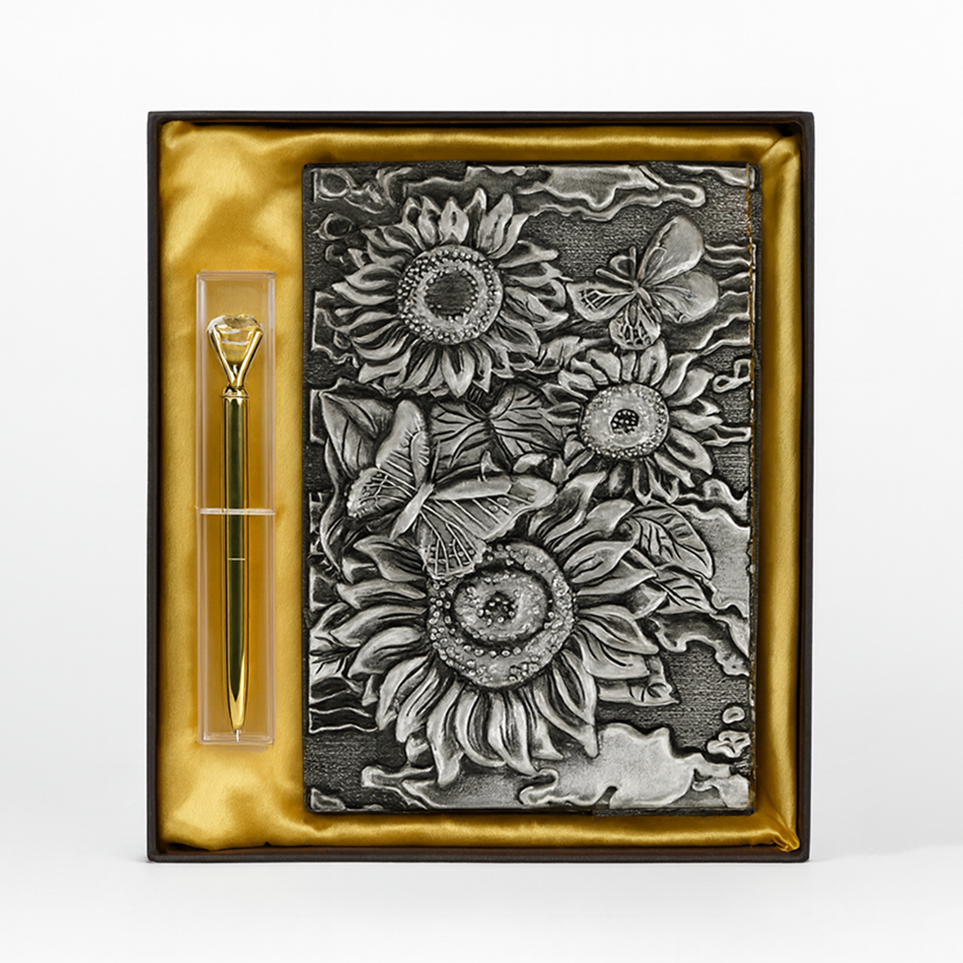 Bloom Eternal – Sunflower Silver & Butterfly 3D Embossed Vintage Leather Journal Notebook with Golden Diamond Ball Pen (Limited Edition)