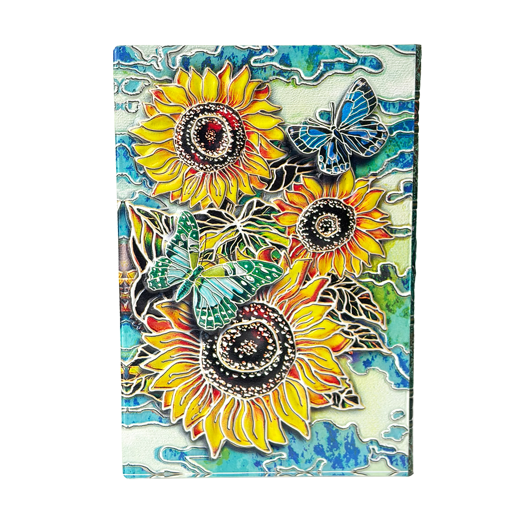 Radiant Bloom – Colorful Sunflower & Butterfly 3D Embossed Vintage Leather Journal Notebook with Golden Diamond Ball Pen (Limited Edition)