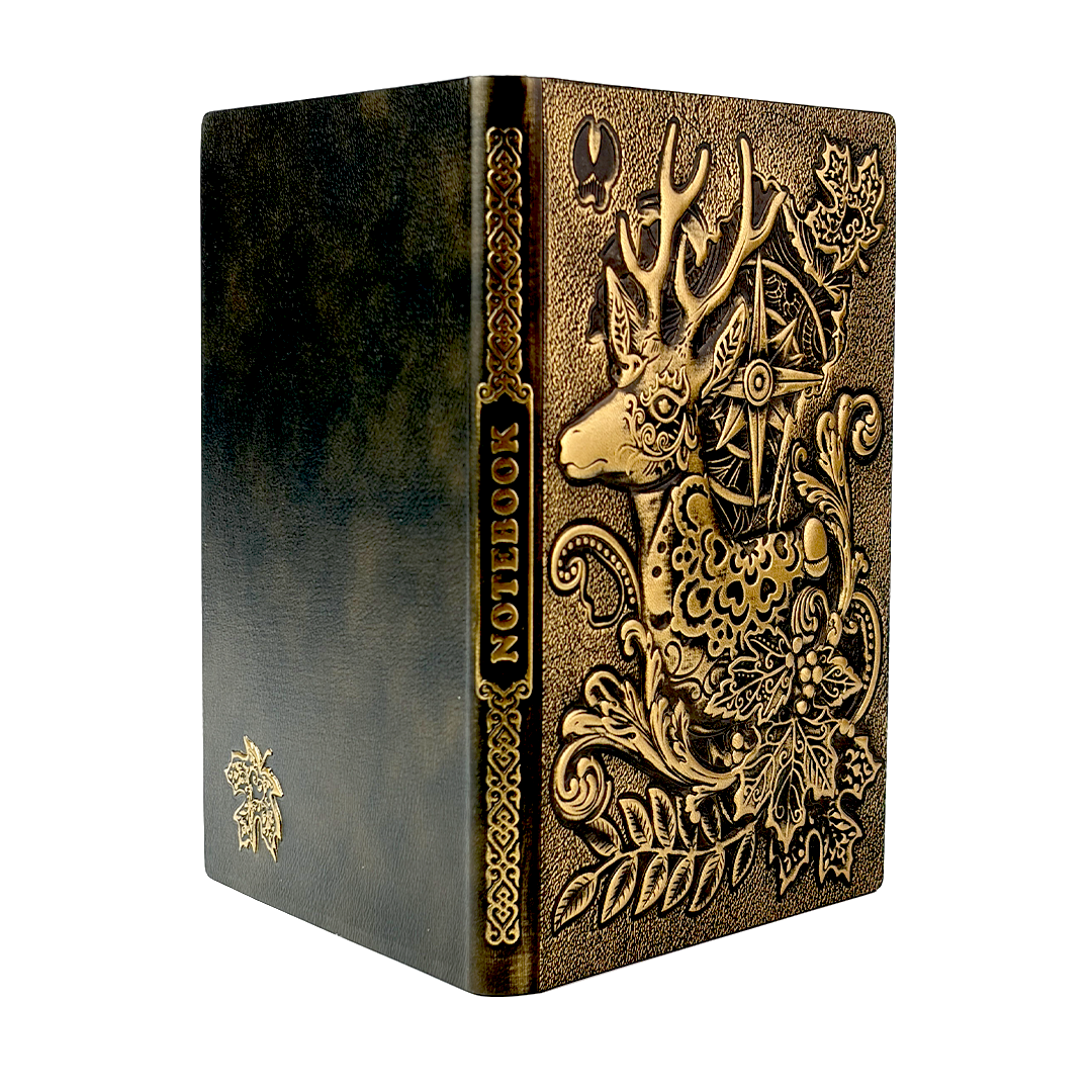 Elderhorn Spirit Reindeer 3D Embossed Vintage Leather Journal Notebook with Golden Diamond Ball Pen – Christmas Edition (Limited Edition)
