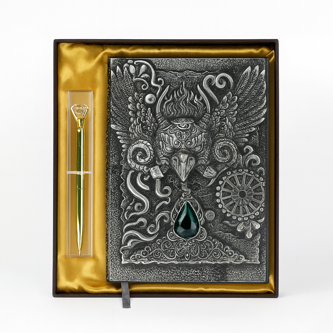 The Bull Head Silver with Blue Gem 3D Embossed Vintage Leather Journal Notebook with Golden Diamond Ball Pen (Limited Edition)
