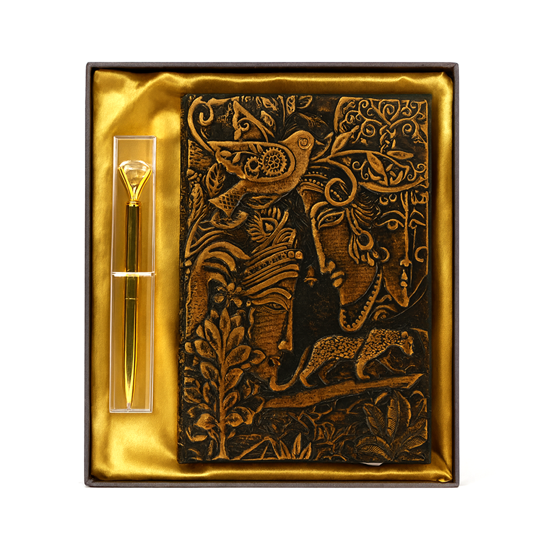 Radha Krishna Bronze 3D Embossed Vintage Leather Journal Notebook with with Golden Diamond Ball Pen (Limited Edition)