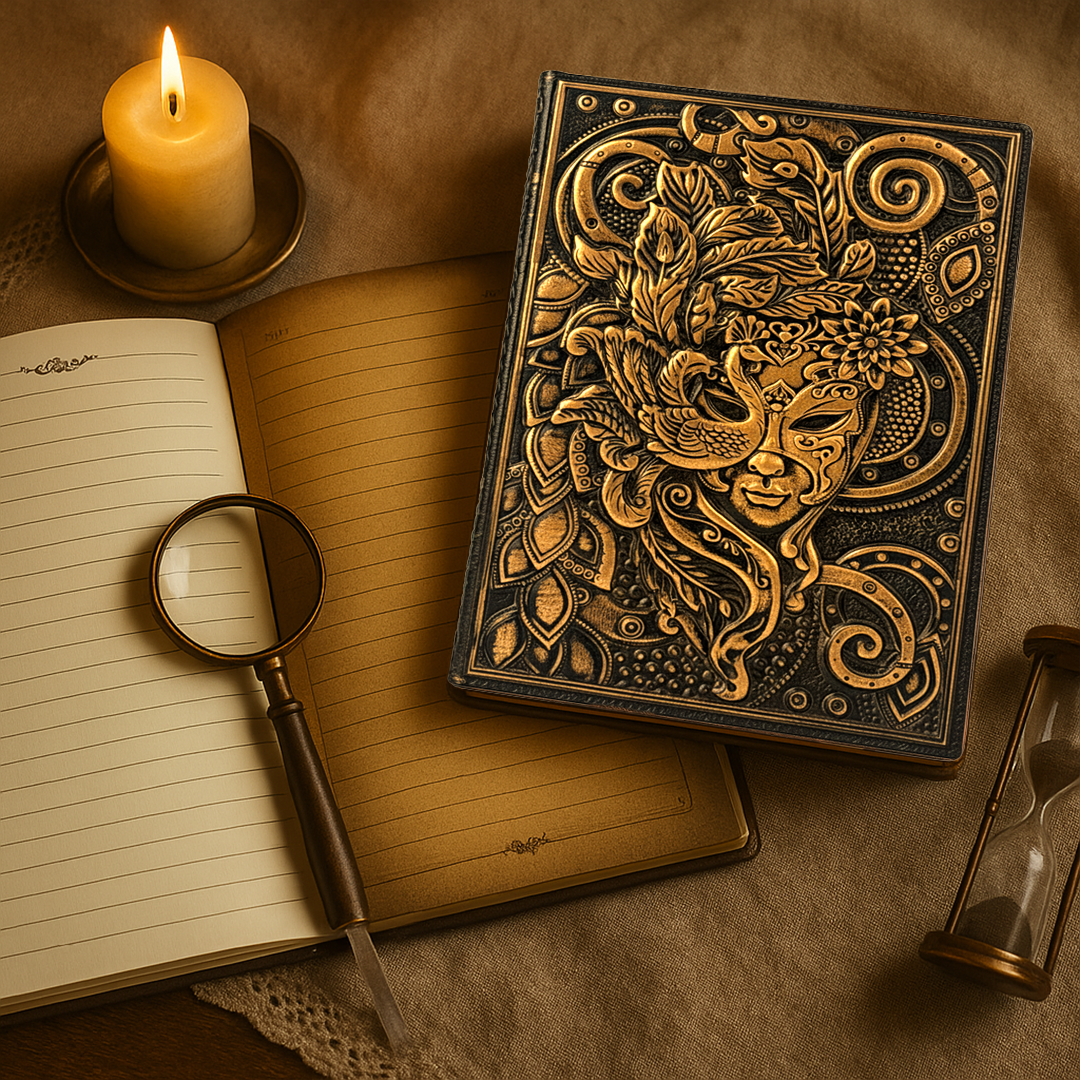 Bronze Queen Enchanted Masquerade 3D Embossed Vintage Leather Journal Notebook with Golden Diamond Ball Pen (Limited Edition)