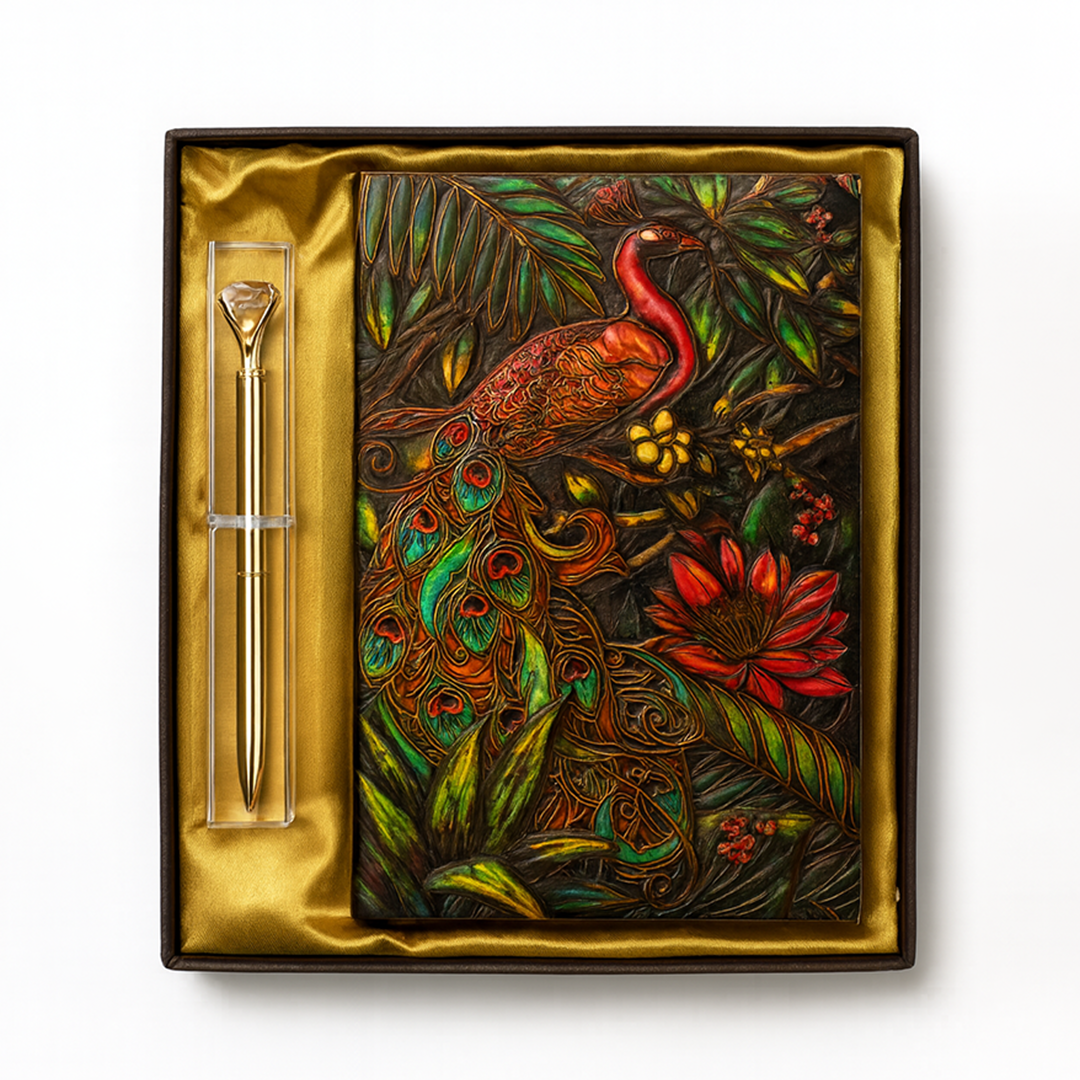 Majestic Plumage Colorful Peacock 3D Embossed Vintage Leather Journal Notebook with Rose Gold Diamond Ball Pen (Limited Edition)