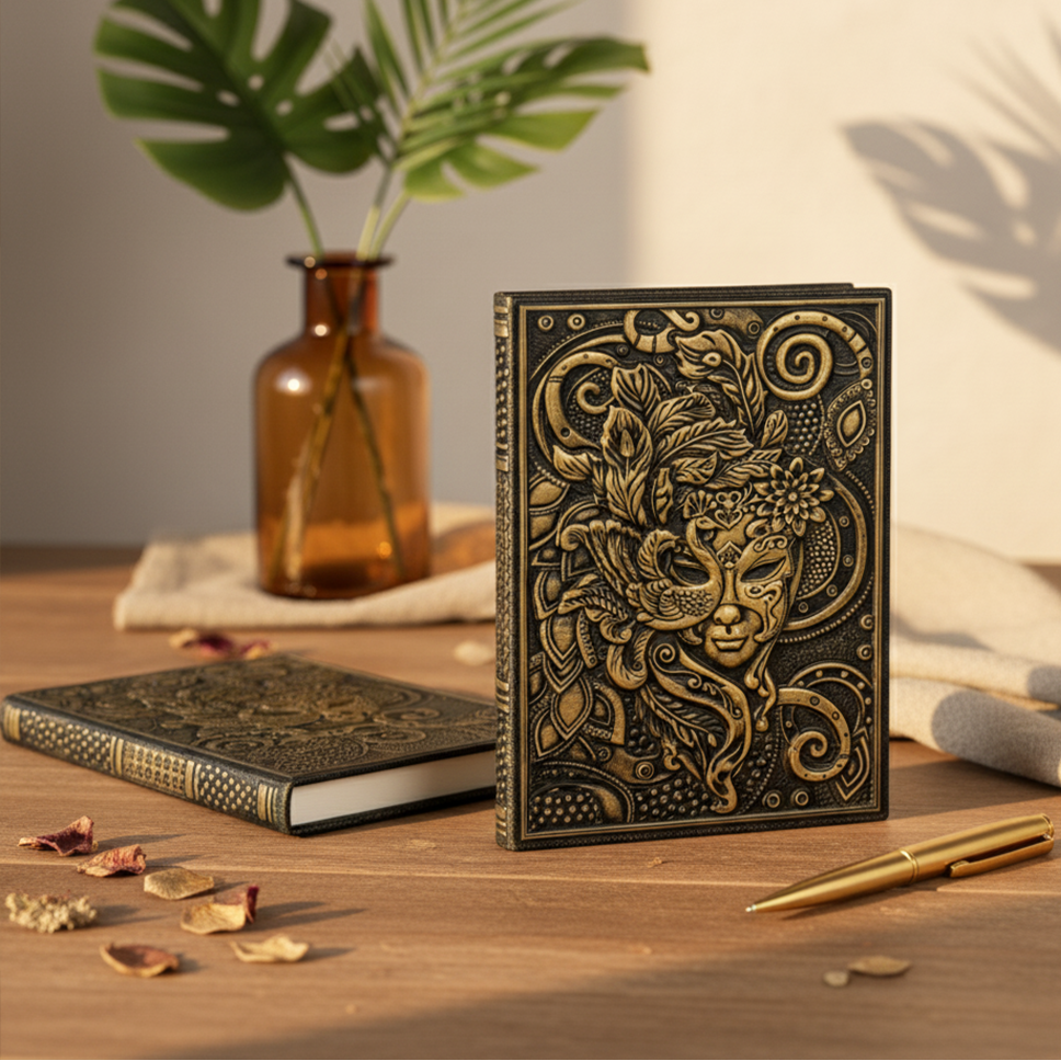 Bronze Queen Enchanted Masquerade 3D Embossed Vintage Leather Journal Notebook with Golden Diamond Ball Pen (Limited Edition)