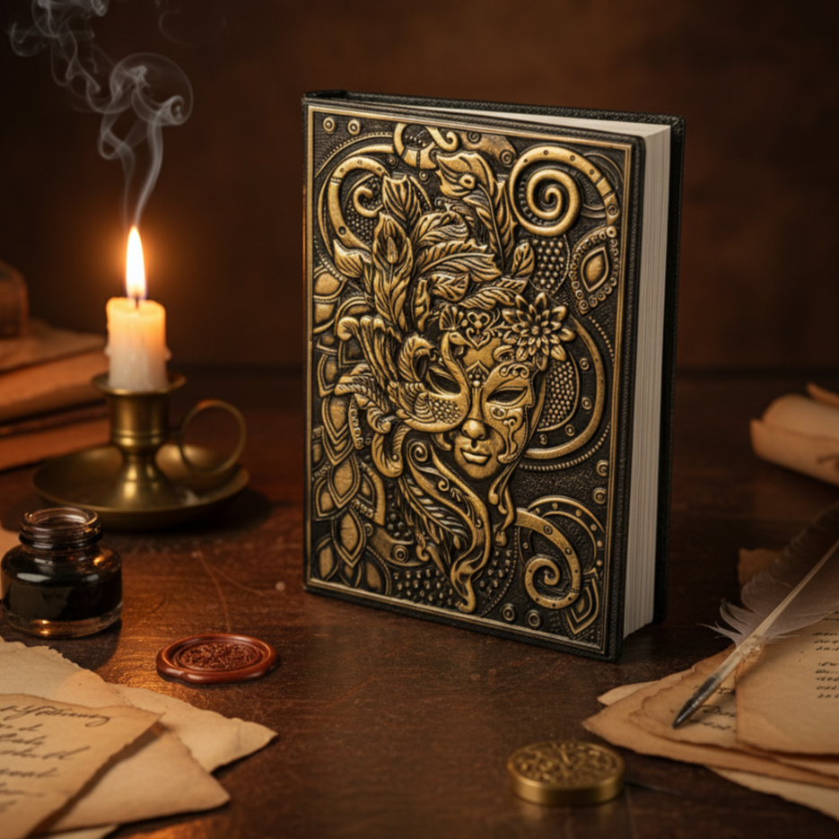 Bronze Queen Enchanted Masquerade 3D Embossed Vintage Leather Journal Notebook with Golden Diamond Ball Pen (Limited Edition)